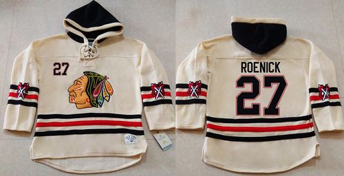 Blackhawks #27 Jeremy Roenick Cream Heavyweight Pullover Hoodie Stitched NHL Jersey - Click Image to Close